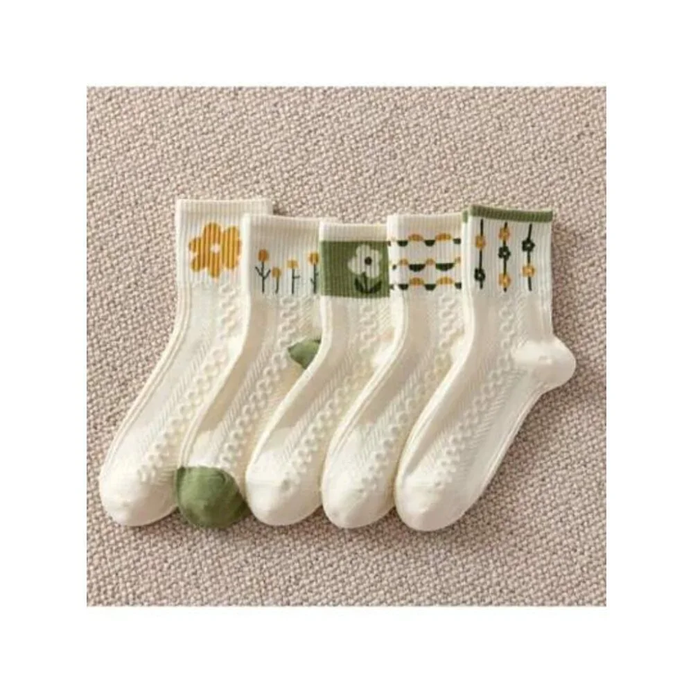 5pairs/set Women's Creative Floral Print Mid-calf Socks In Green Tones